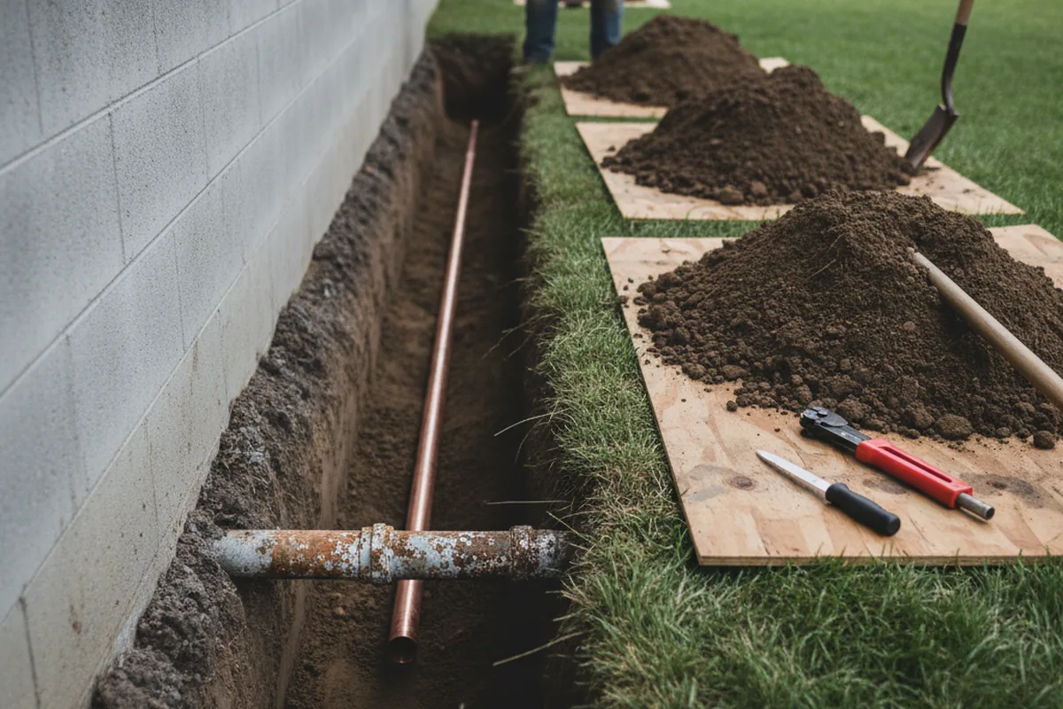 Excavated water line trench during Water Softener Installation in Eastham